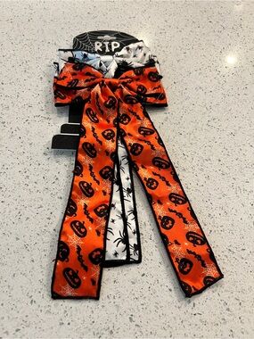 Halloween Bow Hair Ribbon - Orange & White Spider Pumpkin Print